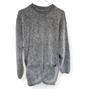 Luxurious Gray Angora & Wool Fuzzy Medium Pullover Sweater Chic Warm W/Pockets